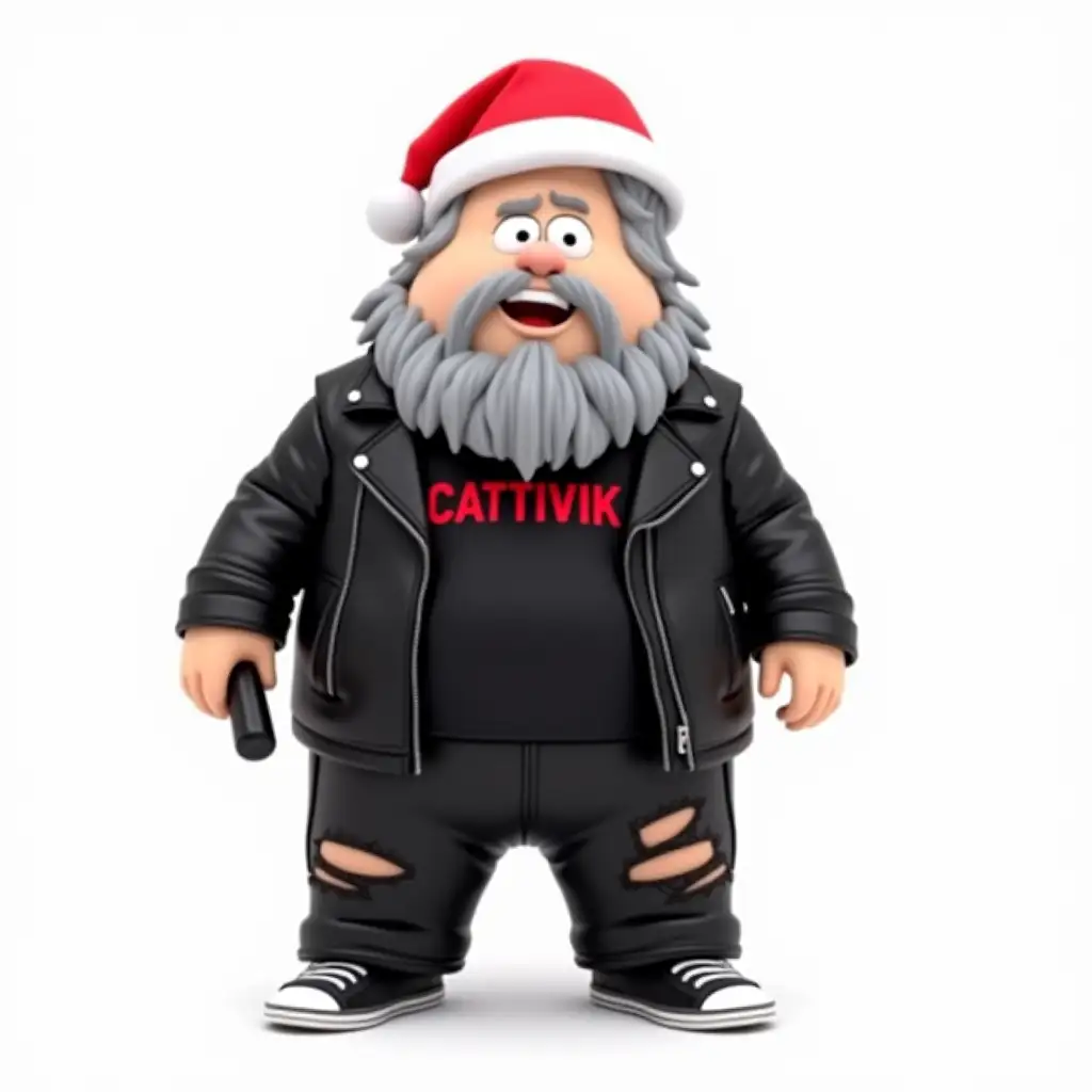 front close-up image of south park plump punk rock singer with light gray hair and light gray beard, wearing a black punk rock leather jacket, a black t shirt with 'CATTIVIK' written in red, with black ripped leather trousers and black converse shoes and with a red Santa Claus Cap. with microphone in the stand. 3d south park cartoon style. white background.