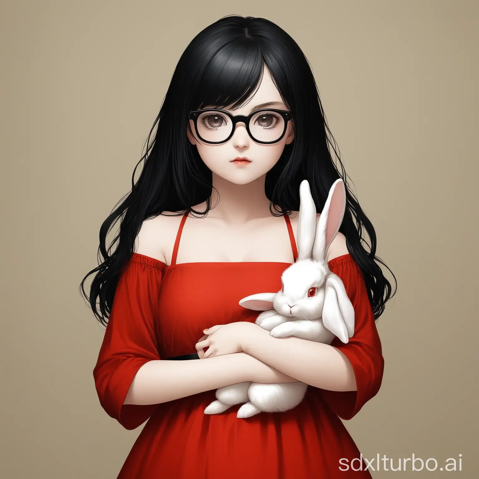 Girl-with-Black-Hair-and-Glasses-Holding-a-White-Baby-Rabbit-in-a-Red-Dress