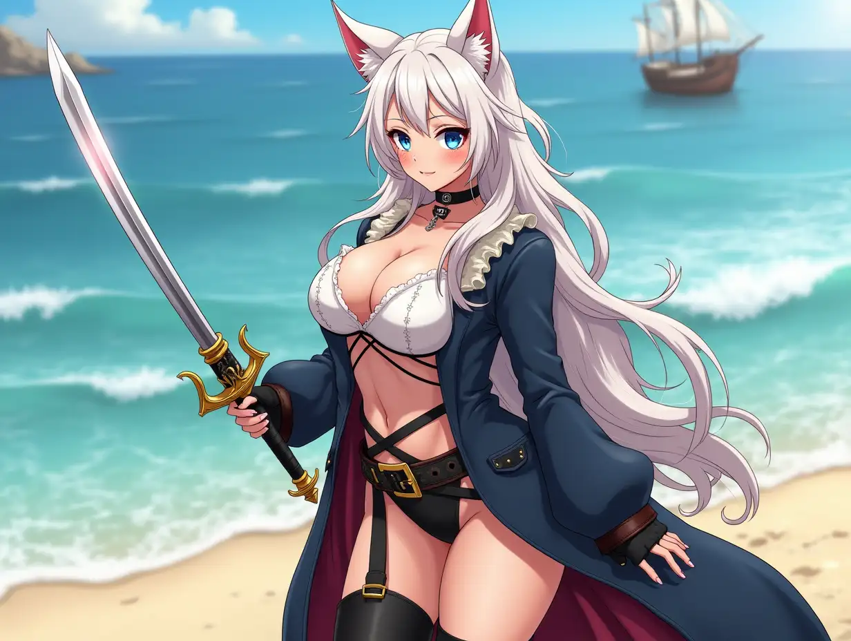 A mature adult feline/woman dressed as a pirate with a sword on a beach.  A pirate ship in the background. Her 30-something years are disguised by her youthful facial features, except for her subtle wrinkles around the eyes, extremely slender body. Her ample bosom strains against her clothing, threatening to burst free from the fabric, extreme cleavage.  Wearing black thigh high pirate boots. She has piercing blue cat eyes. A choker adorns her neck, a subtle hint at her feline nature. Her long, white hair cascades down her back like a wild waterfall, tangled and disheveled. Her cat-like teeth glint in the light, as her white fur-lined ears punctuate her visage with sparkling black and gold earring adorns each ear, adding a touch of elegance to her feline features. Cat whiskers on her face. The attached tail at the base of her spine stirs lazily.  Long fingernails. Full body view. Anime.