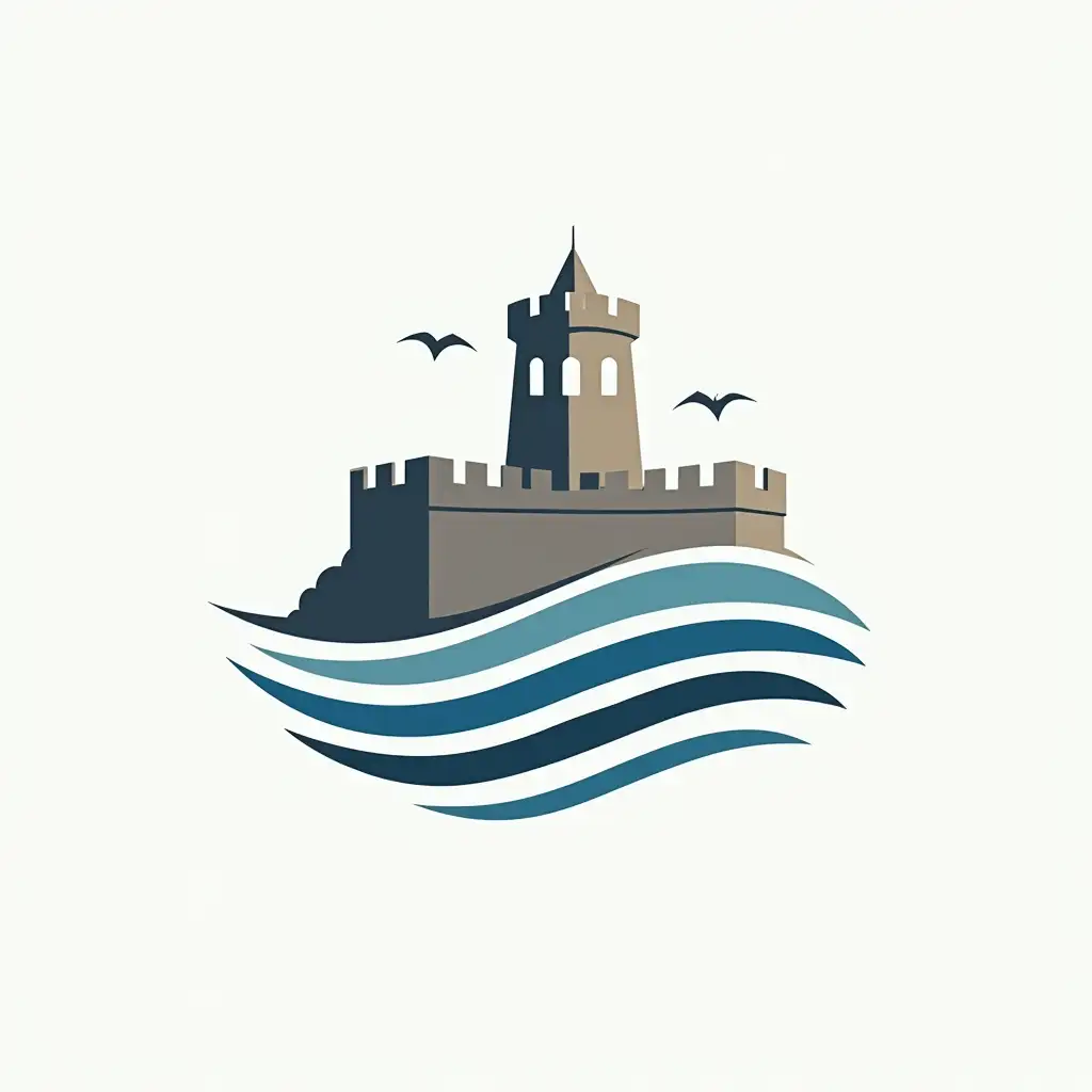 Create a minimalistic and modern logo for a tourism bureau specializing in the history and fortifications of Vladivostok and Primorye. The logo should include elements related to fortresses, bastions, lighthouses, the sea and history. Use stylized images of waves, brick walls, cannons or old maps. Color palette: blue (sea), gray (stones, fortresses), white (purity, simplicity) and gold (historical value). The font should be strict but modern.