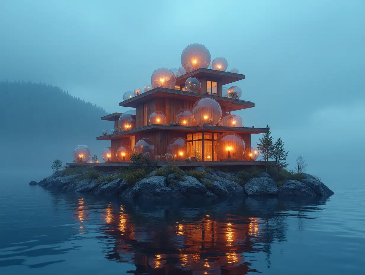 A future multi-story house made of many wooden and glass globe lights and wood lies on the water with a blue sky