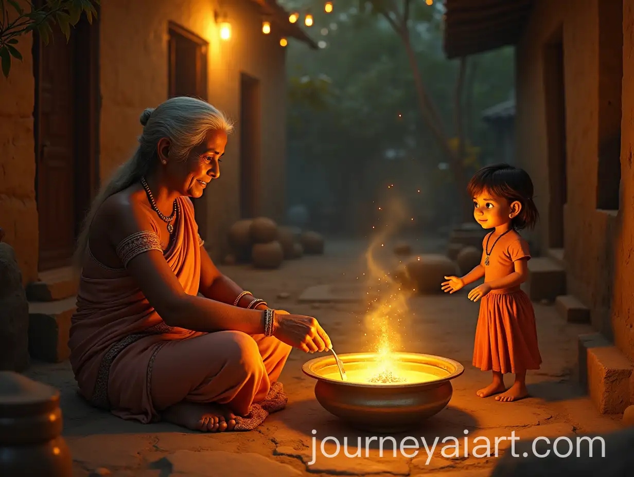 Elderly-Woman-Preparing-Magical-Kheer-in-a-Cozy-Village-Courtyard-at-Twilight