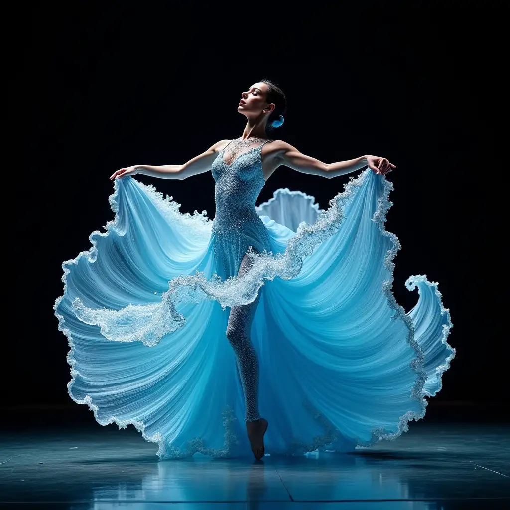 A stunning and surreal image of a dancer wearing an intricate water dress made entirely of water waves, creating a mesmerizing and visually striking effect. The dancer is shown in a graceful pose against a dark background, with the water appearing to flow outward in a dramatic fan-like shape. This image can be created with the following prompt. Woman in an elaborate water dress made entirely of water waves, styled by Dmitry Kostanovich, Precision Fashion Show, Photoshop, Felicia Semyon, UHD image, Ekaterina Panikanova, Shiny and Glossy, HDR, Dynamic Mode, 32kb, Sharp Focus, Illustration. by Sasan.