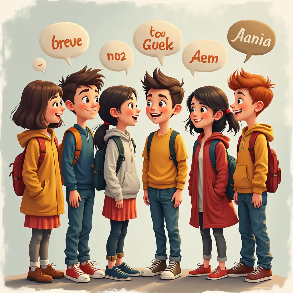 I want a picture that shows the languages ​​English French Arabic German and there are students girls and boys happy