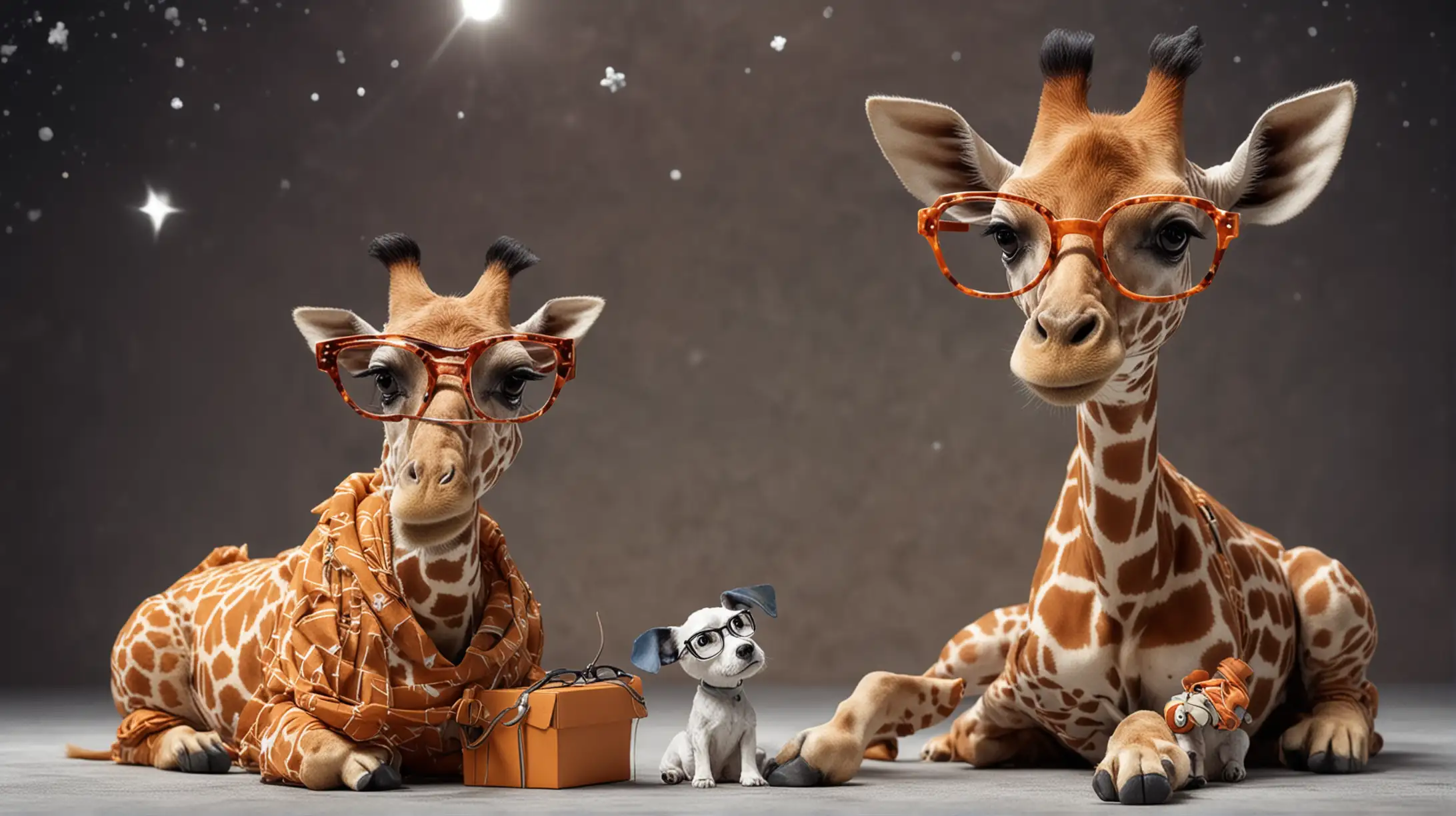 Adorable Giraffe with Glasses and Dog in Outer Space