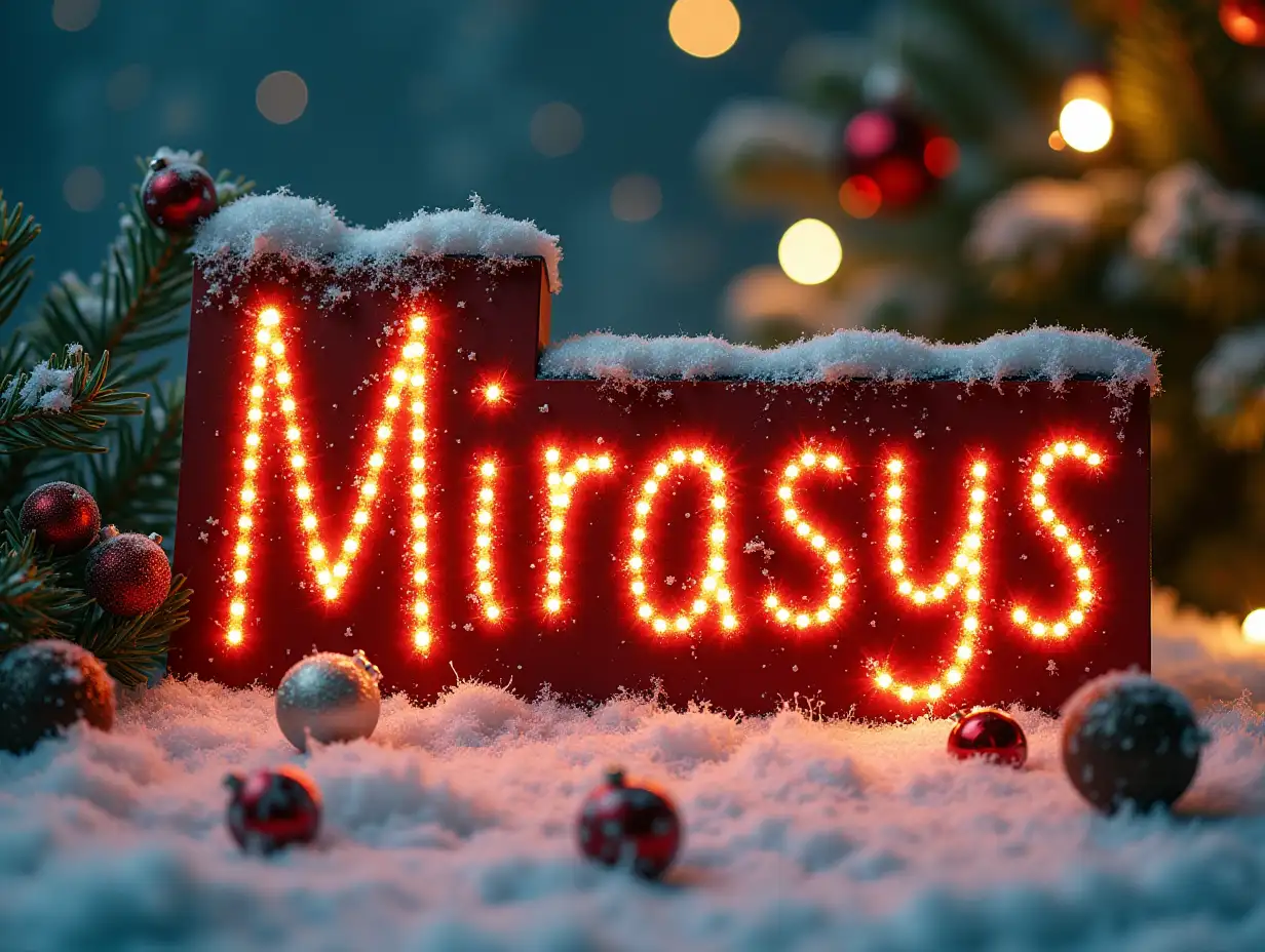 a christmas card style, full christmas theme, The word 'Mirasys' is prominently written in christmas style