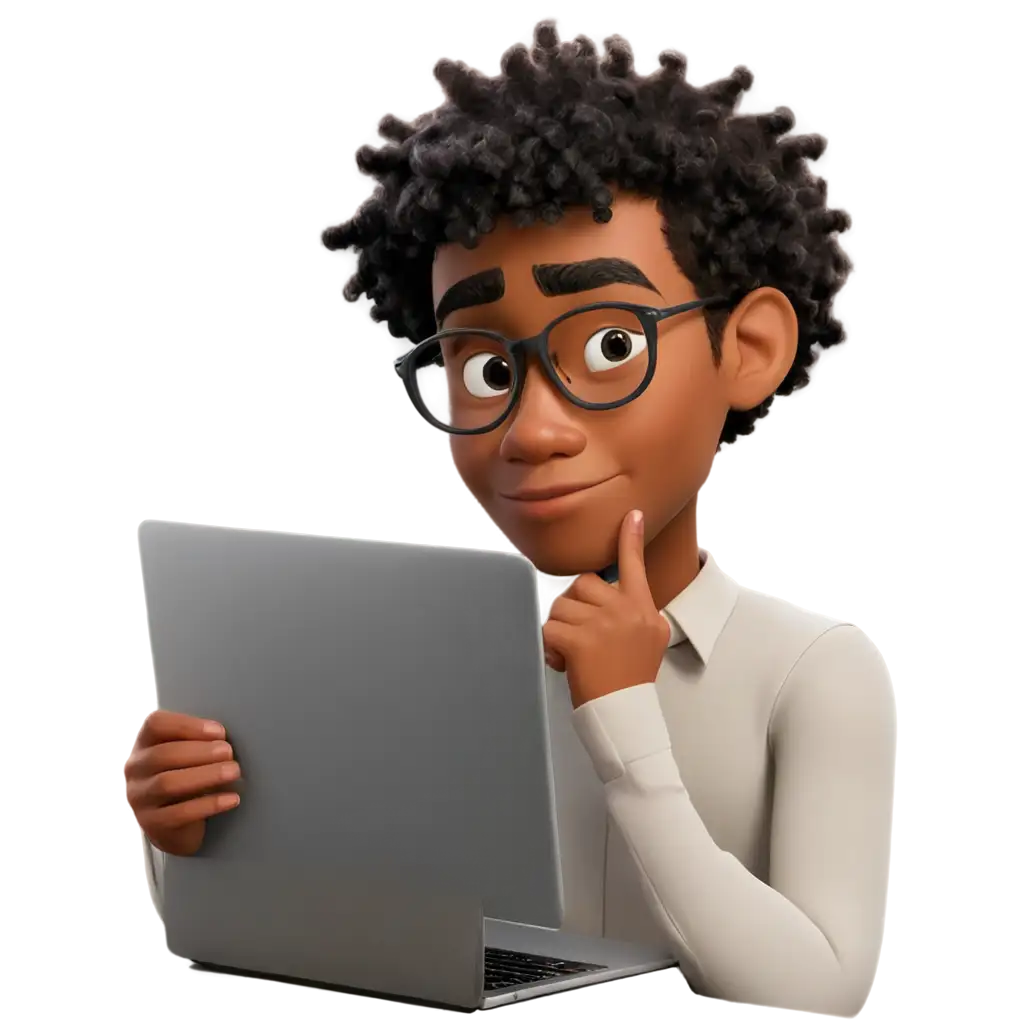 Young-Black-Developer-on-PC-with-Hand-on-Chin-Disney-Pixar-Style-PNG-Image-for-Creative-Projects