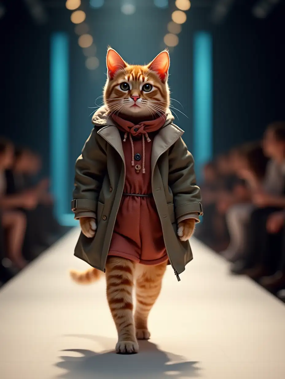 A photorealistic image of a stylish cat walking on a runway, wearing a fashionable outfit. The cat is confident, with a poised and elegant stride. The background is a fashion show runway, with bright lights and an audience in the shadows. The outfit is a chic, miniature designer dress, fitting perfectly on the cat. The cat's fur is sleek and well-groomed, adding to its stylish appearance. The lighting is vibrant, highlighting the cat and its outfit. The style is realistic with a touch of glamour, emphasizing the fashionable aspect.