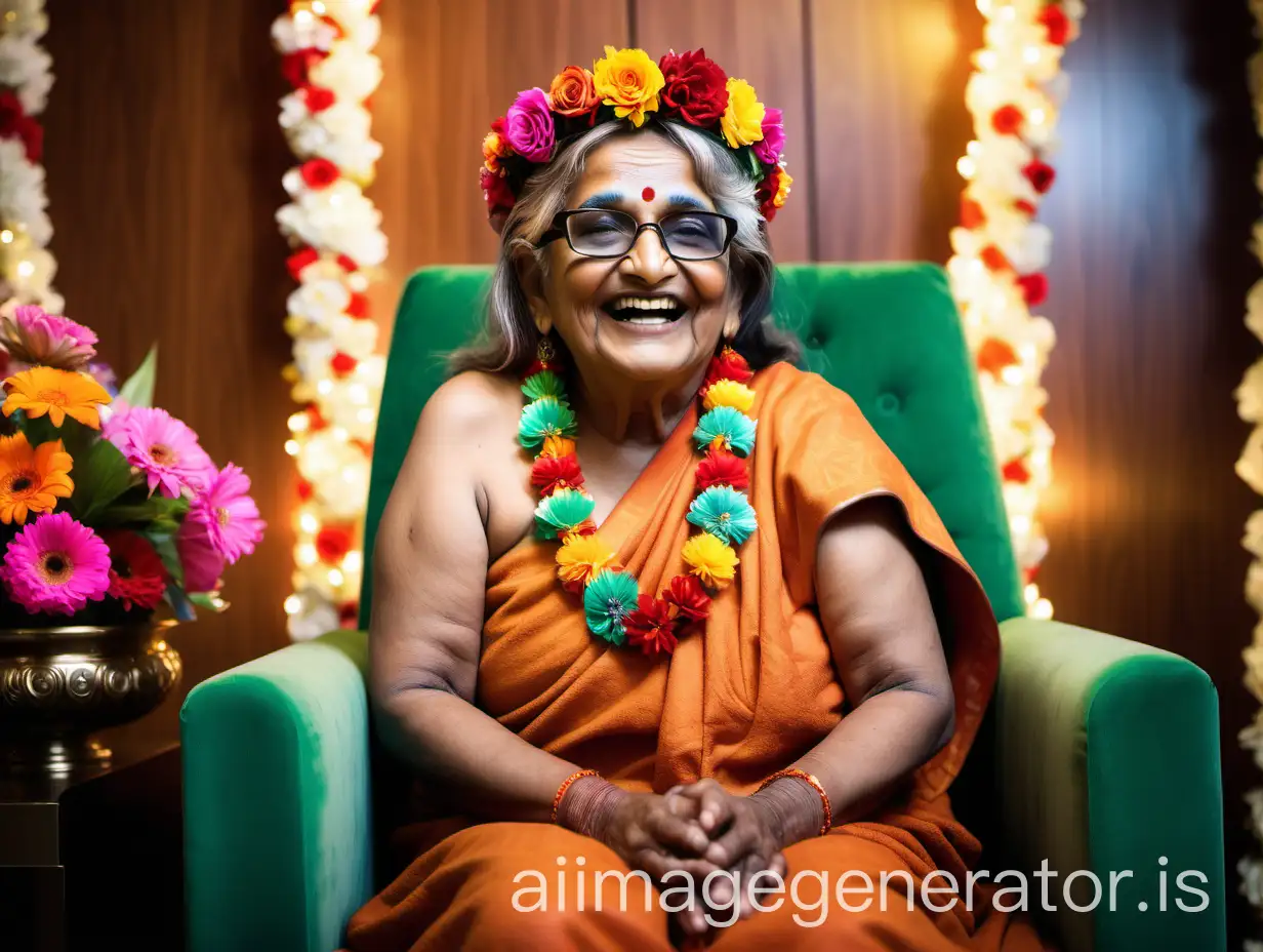 Elderly-Hindu-Woman-Monk-in-Colorful-Flower-Crown-on-Luxurious-Throne