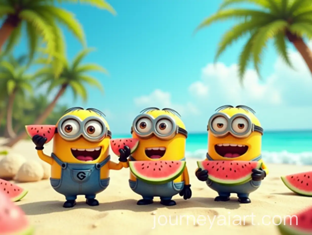 Minions-Holding-Watermelons-on-a-Sunny-Beach-with-Palm-Trees-and-Waves
