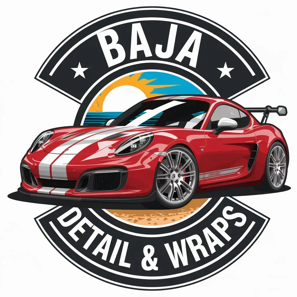 LOGO Design for Baja Detail Wraps Red Sports Car with White Stripes Tinted Windows and Detailed Wheels with Sea and Desert Theme