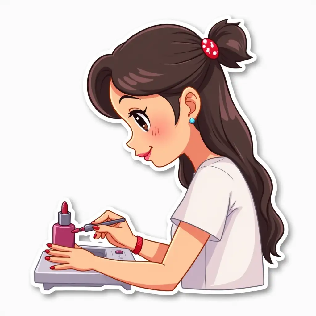 A Disney-style girl in a white T-shirt sticker does a manicure with colored nail polish sticker