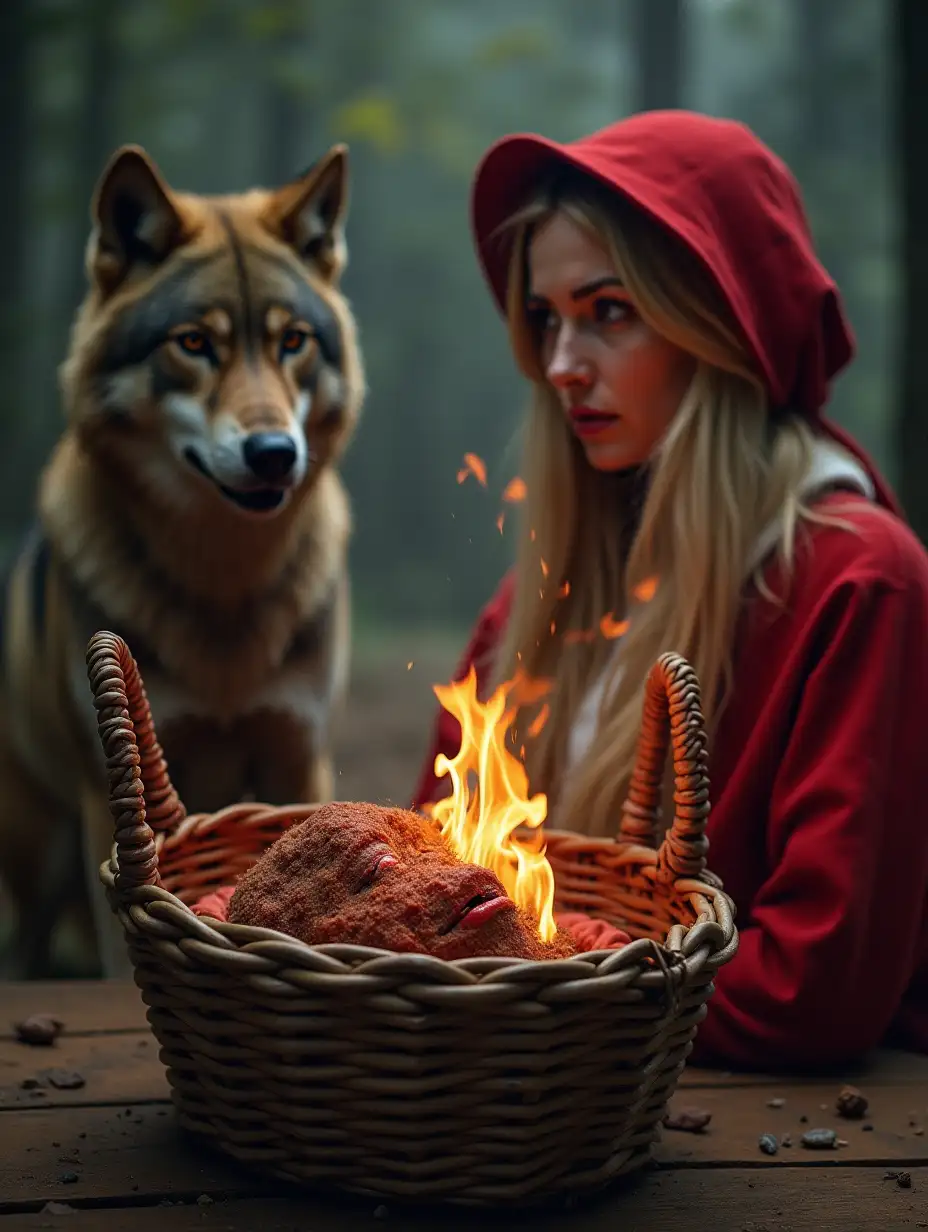 A woman in a red hat and a wolf in the background of the frame look suspiciously at a basket from which a smoldering Bickford cord can be seen.A woman in a red riding hood and a Wolf in the background of the frame look incredulously at a basket from which a dead grandmother's head sticks out.