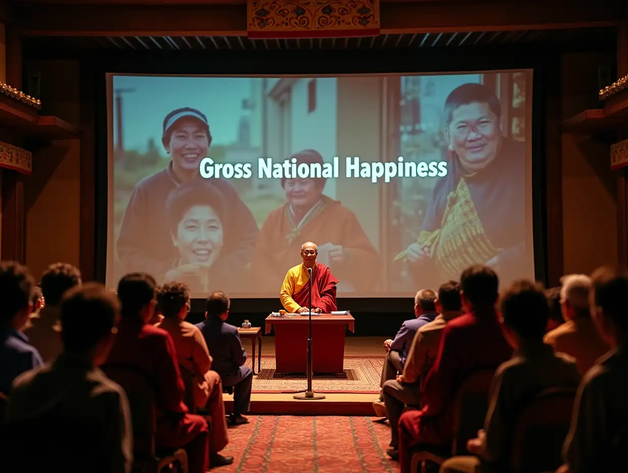 Wide-angle shot of King Jigme Singye Wangchuck addressing people in a traditional setting. Animation of 'Gross National Happiness' text appearing on-screen with visuals of smiling faces from different age groups. A montage of Bhutanese citizens farming, dancing, and working in harmony.