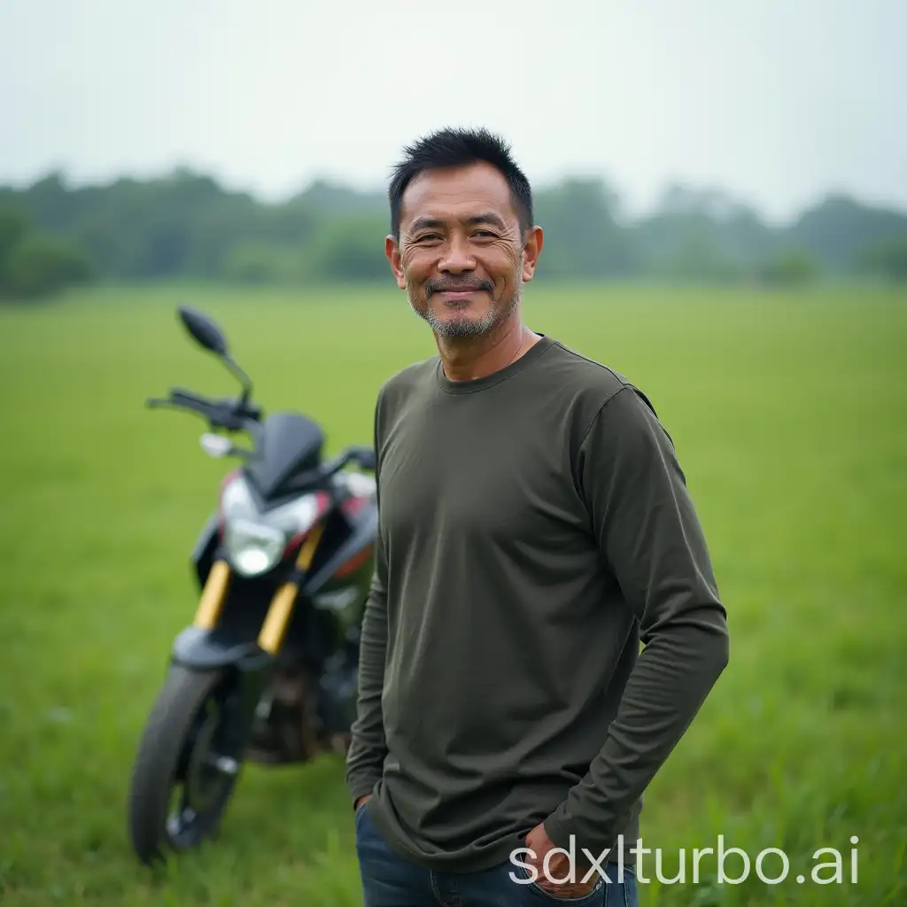 Full body portrait of Indonesian man with short hair. Age 50 years old.Standing on a green field next to his sports motorbike. in open air photography