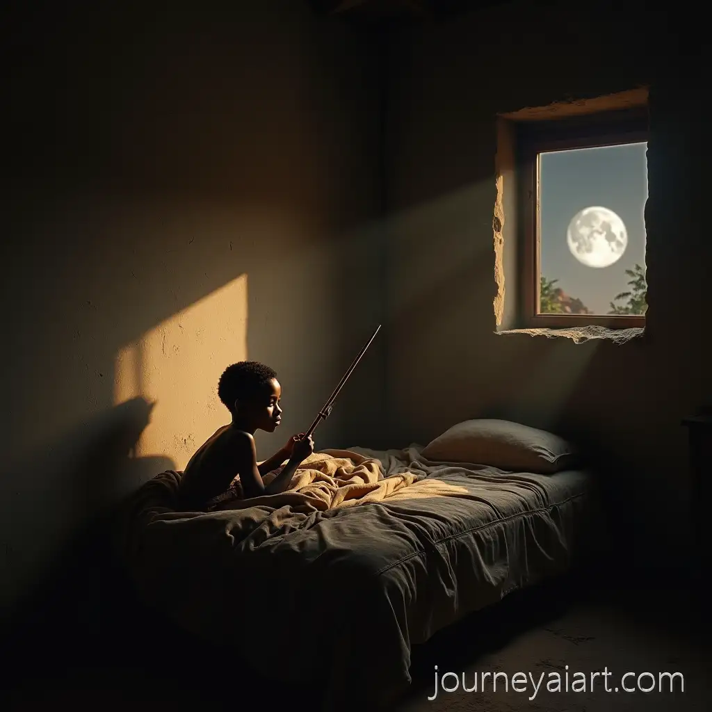 African-Boy-HidingAfrican-boy-with-spear-Wooden-Spear-Under-Village-Bed-in-Moonlight