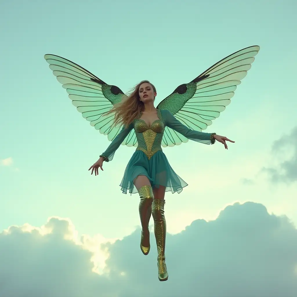 A photo of a woman with large, iridescent green-blue hummingbird wings and a long green-blue bird tail. She is flying in the sky above the clouds. She is wearing a golden patterned blue latex dress and golden patterned green latex thigh-high stiletto boots. The background contains a cloudy sky.