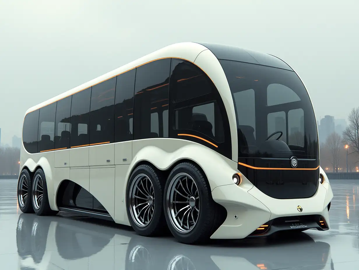 Supermodern utopian sports bus with gears, lowered body, 18-inch rims, aluminum wheels, cream silver black, Cyberpunk