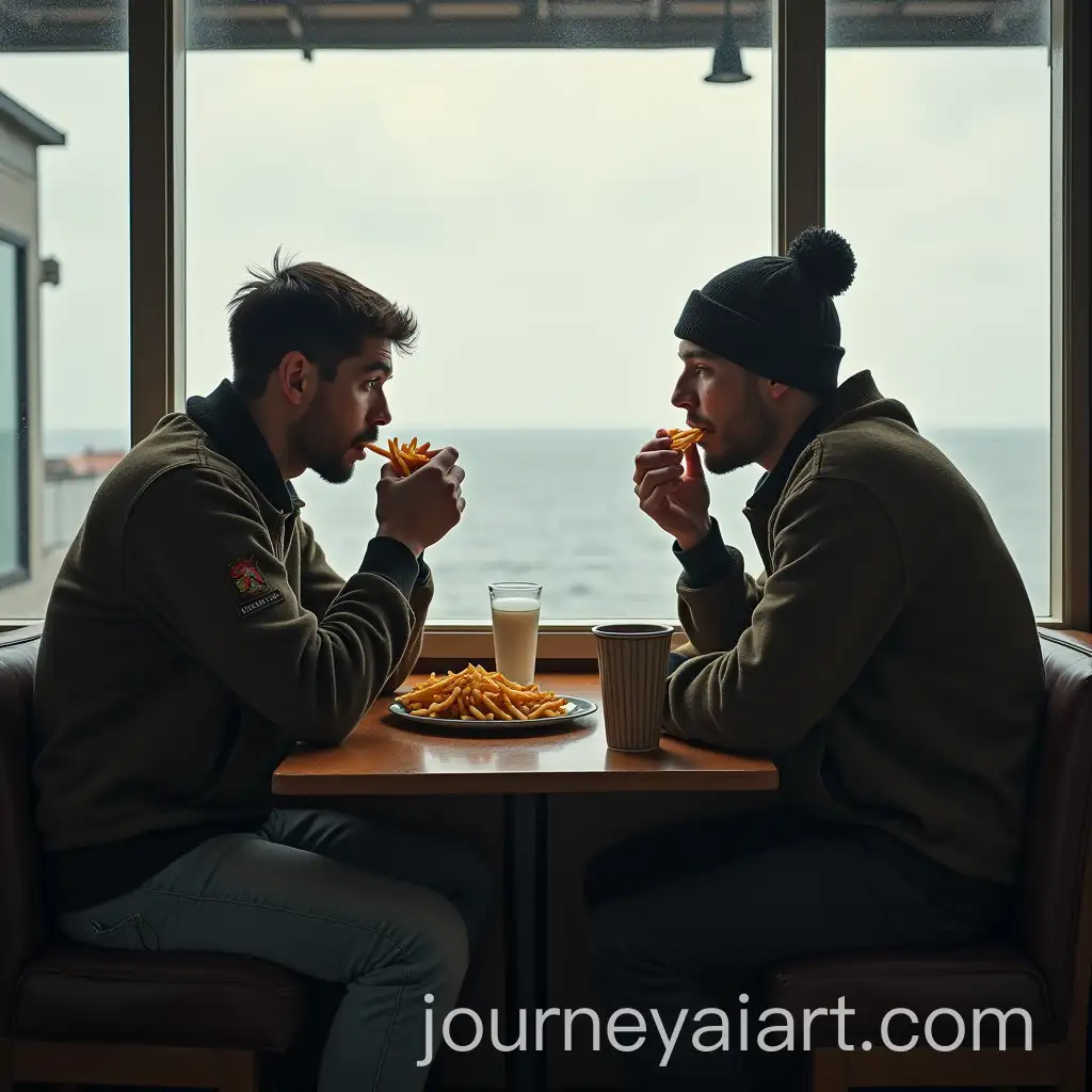 Two-Men-in-Soldier-Sweaters-Eating-French-Fries-by-the-Sea