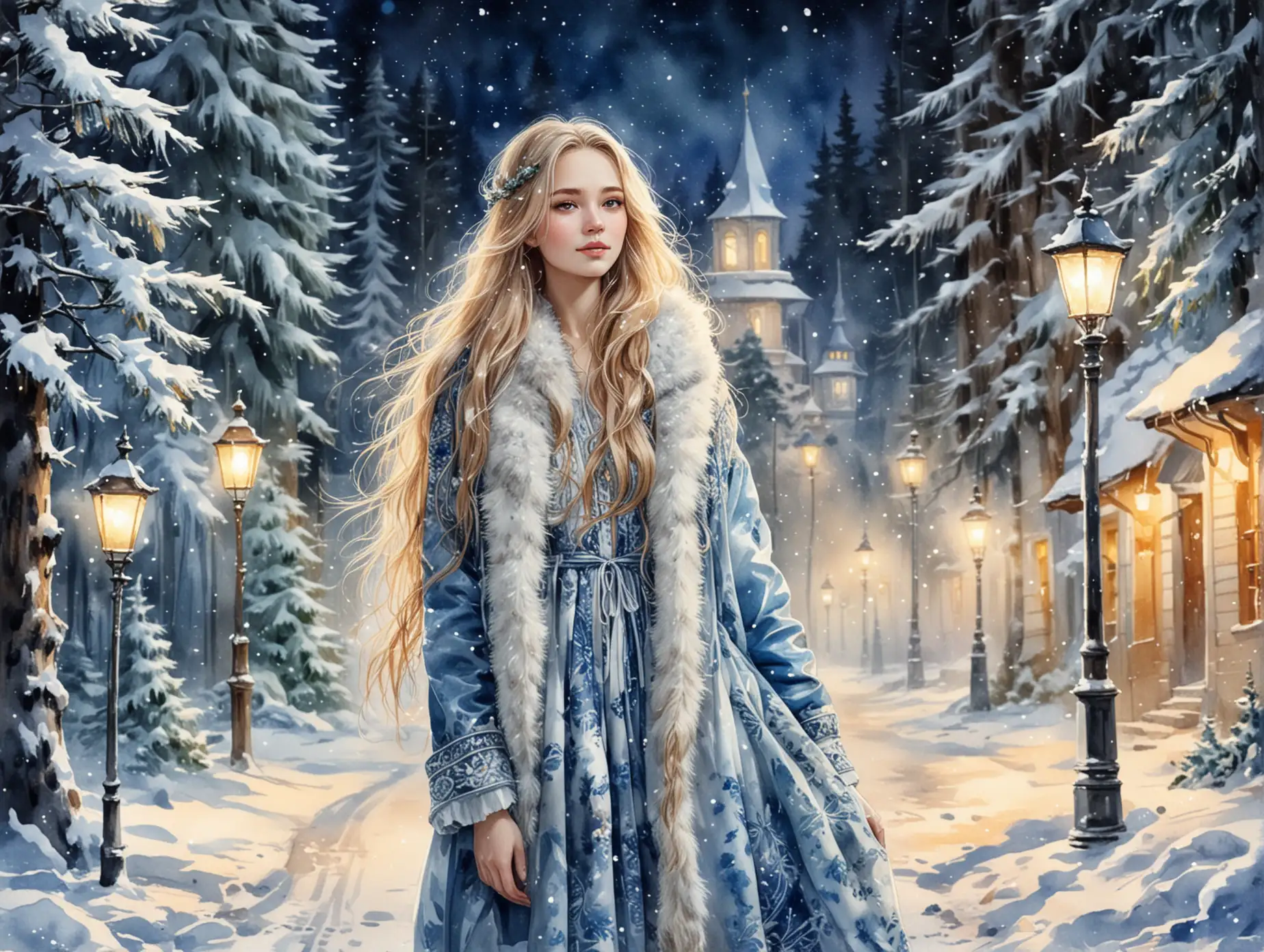 Snow-Maiden-in-Winter-Forest-with-Snowfall-and-Street-Lights