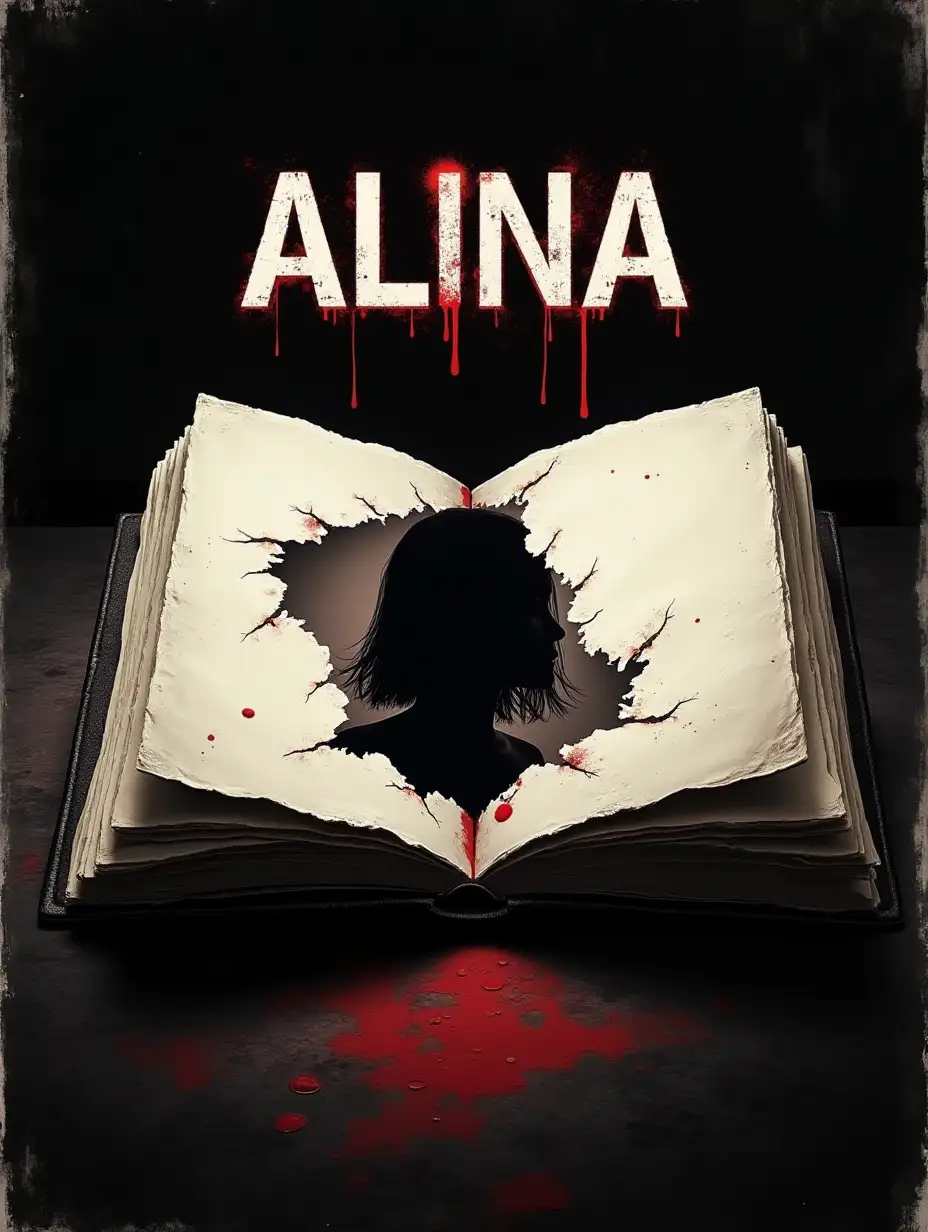 Make a poster of horror movie black comedy: An open diary, with torn and ripped pages, placed in the center of the poster. From the damaged pages, shadowy silhouette of a teneger girl as Samtatha. Colors: Contrast between black and white, with a few shades of red to attract attention. Font: The title ALINA with letters that look slightly torn, as if written with pain and anger.