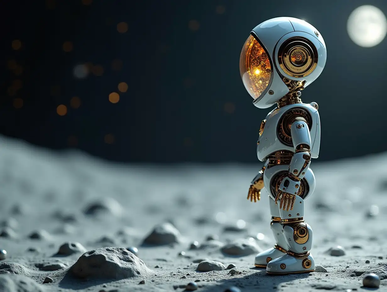 Create a high-resolution, realistic image of artificial intelligence Robert, two meters and a robot one meter high, with gears on arms and legs, gears on cheeks and a glass head with visible gold plating brain, screws with many gears, and many small glass balls on the moon ground at 4k resolution