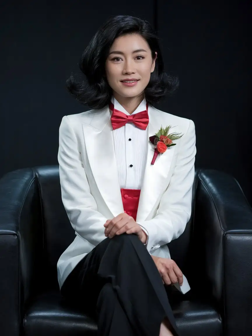 Elegant-40YearOld-Chinese-Woman-in-Tuxedo-Smiling-in-Dark-Room