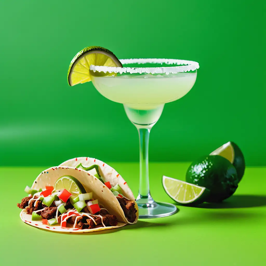 Mexican Cuisine Margarita and Taco on Vibrant Green Background