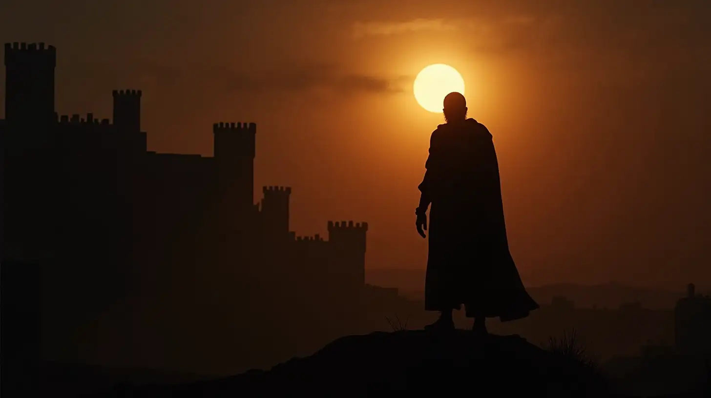 Silhouetted Bad Man and Palace Scene in Biblical Era