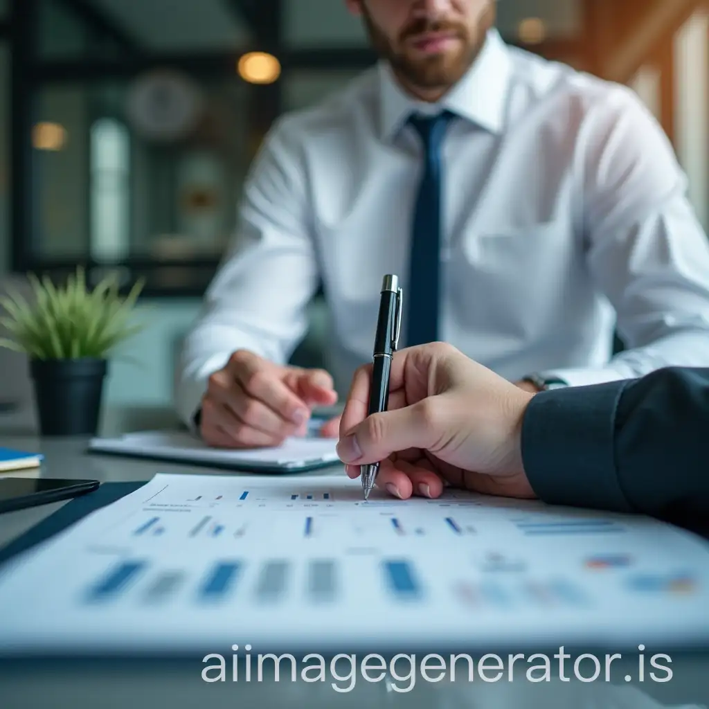 An accountant works in an office and has his work in a glass office holding a pen and preparing company's budget