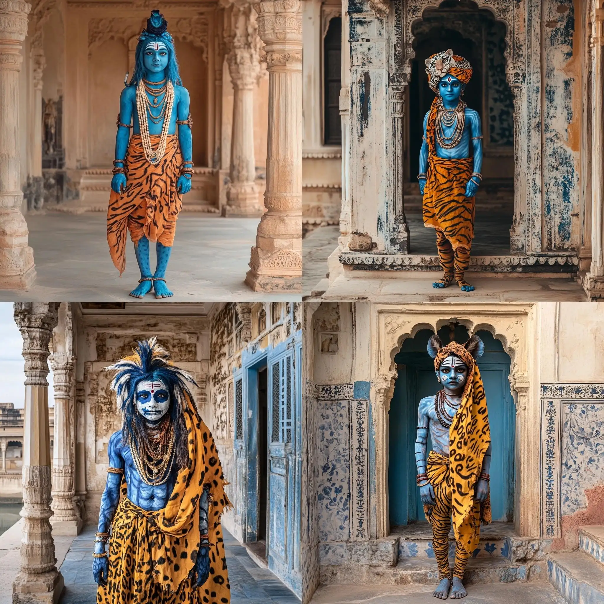 Boy-Dressed-as-Shiva-God-in-Tiger-Print-Cloth-Standing-Before-Rajasthan-Palace