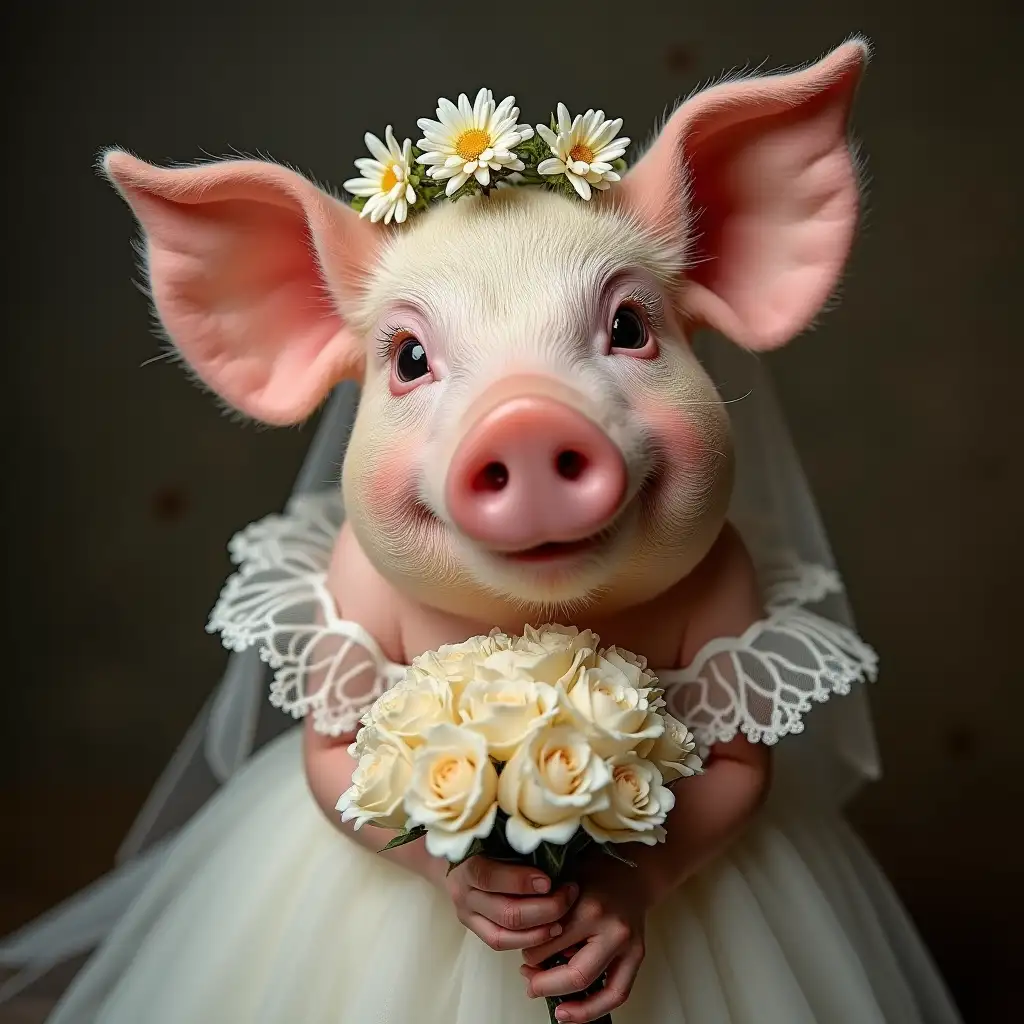 pig as a bride, holding bouqet