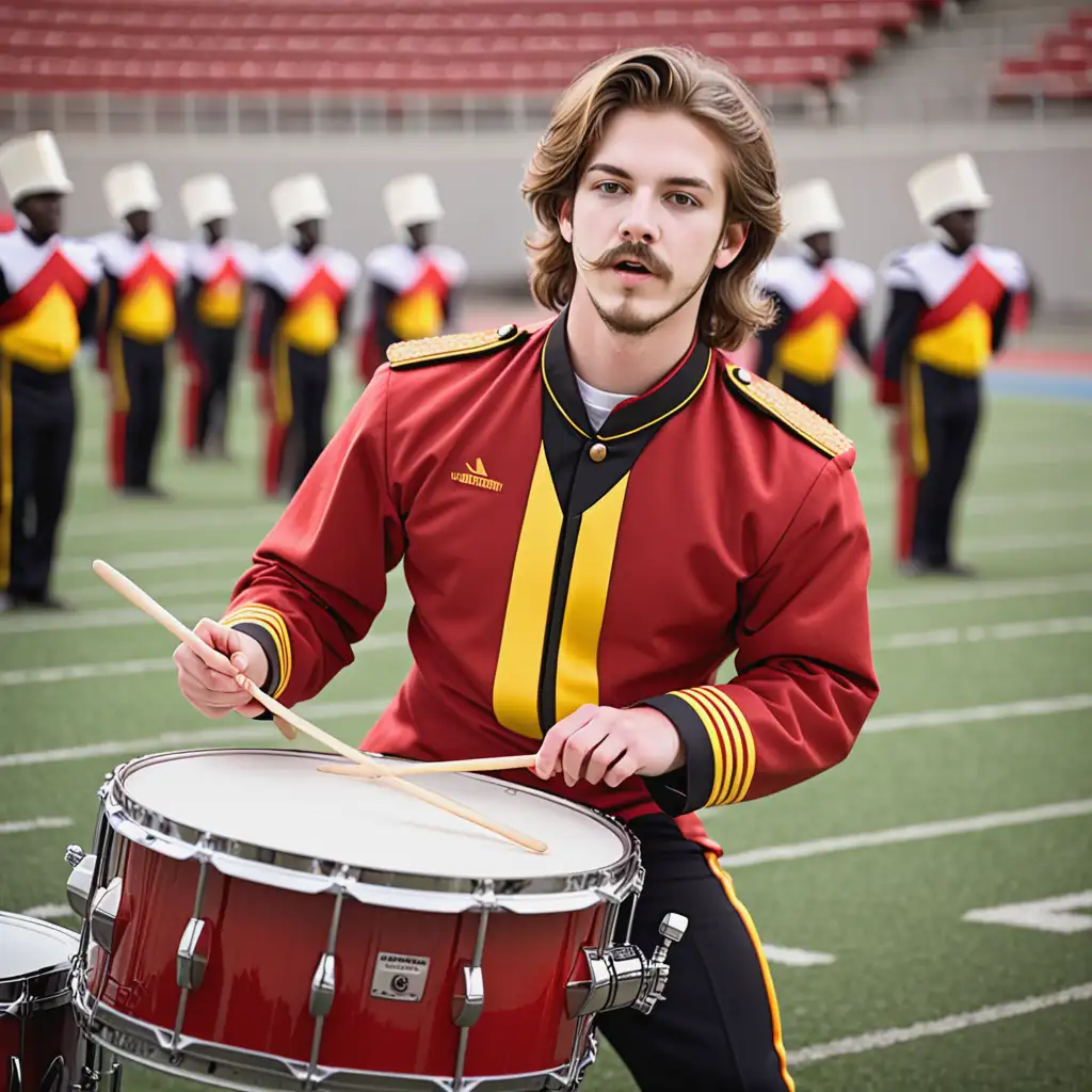 25 yr old male, light brown hair,  scant facial hair, drummer playing the snare drum, red and yellow uniform standing on football field