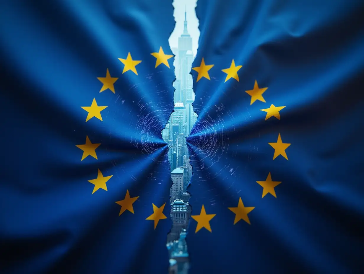 European-Union-Flag-Torn-in-Half-with-AIThemed-Background-Reflecting-Tension-and-Division