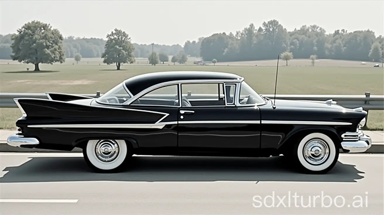 1958-Plymouth-Fury-Black-Classic-Car-on-Highway-Sideview