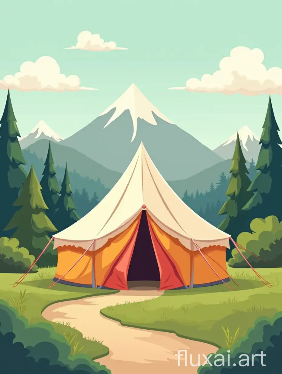 Cartoon-style (digital design) illustration of a marquee or tent in a nature setting, with bright colors, smooth lines and a retro comic look. The area in the background includes elements like trees, mountains, and travel icons and a path. Use beige, light green, orange, gray, white and black as a base. Use bright colored as an accent.