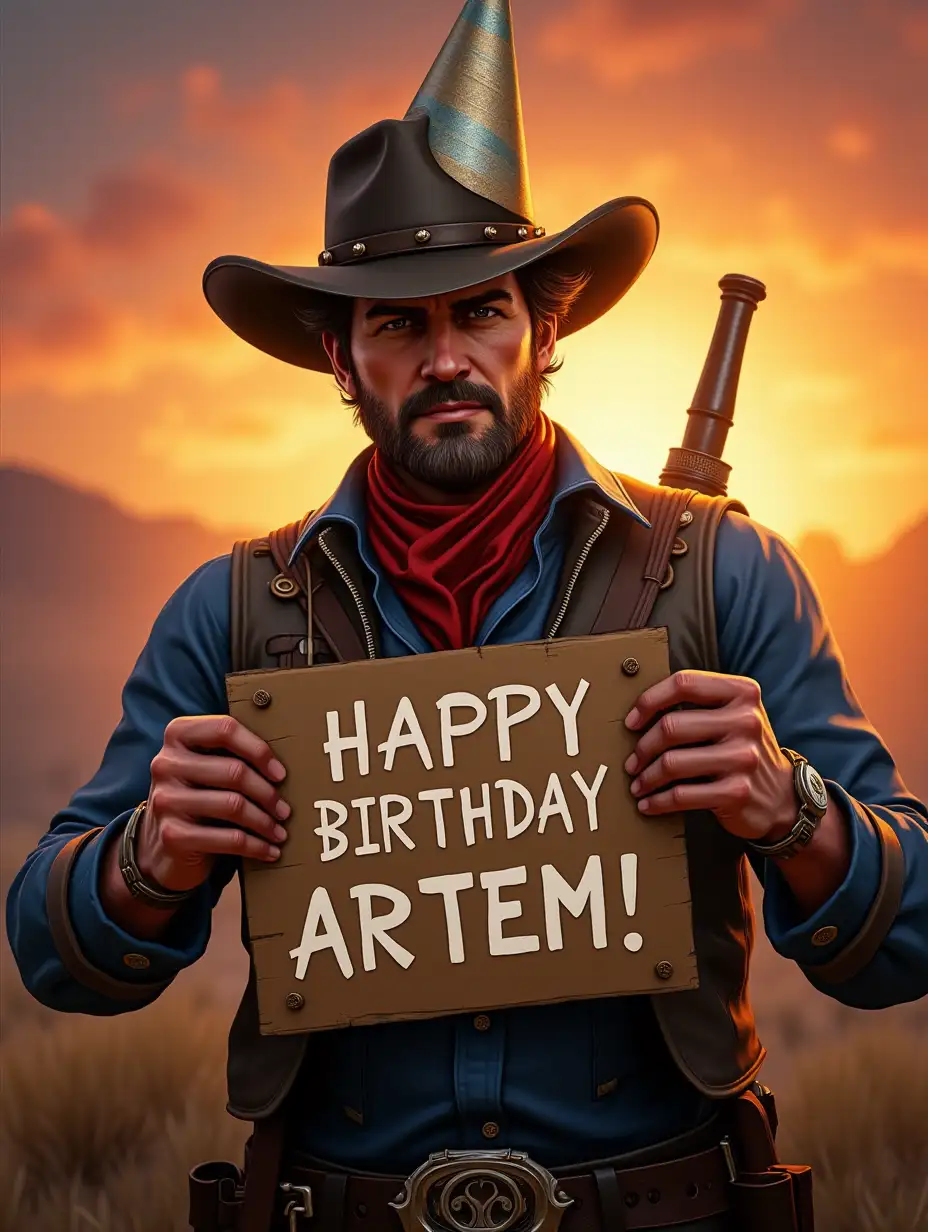 Arthur-Morgan-Celebrating-a-Birthday-Party-with-a-Fun-Sign