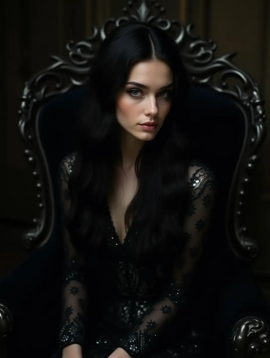 Portrait of a young woman in close-up with long black hair, in a long black luxurious dress with silver patterns, sitting on a dark throne, close-up, perfectly clean face, dynamic pose, background of the gothic throne room, fantasy, style of Harrison Fisher, Brian Froude, Jeremy Mann, Alexander Cabanel, Giovanni Boldini and Keith Parkinson, precise anatomy. the smallest details, impeccable composition