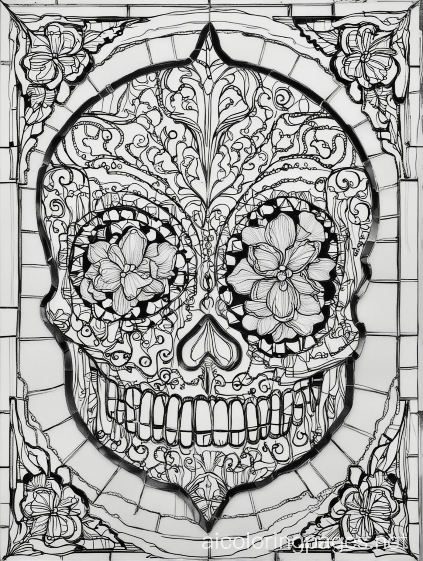 Sugar skulls, ornate, simple stained glass background. Black and white line drawing, white background. Simple lines, easy for child age 4-6 to color in, Coloring Page, black and white, line art, white background, Simplicity, Ample White Space. The background of the coloring page is plain white to make it easy for young children to color within the lines. The outlines of all the subjects are easy to distinguish, making it simple for kids to color without too much difficulty