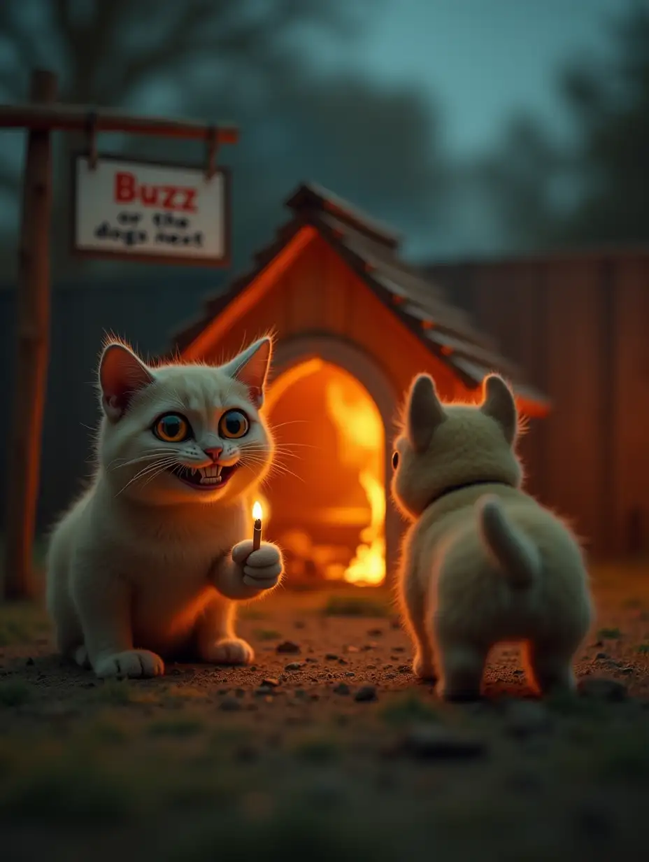 Eerie-Scene-of-a-Cat-with-a-Lit-Match-and-a-Doghouse-on-Fire