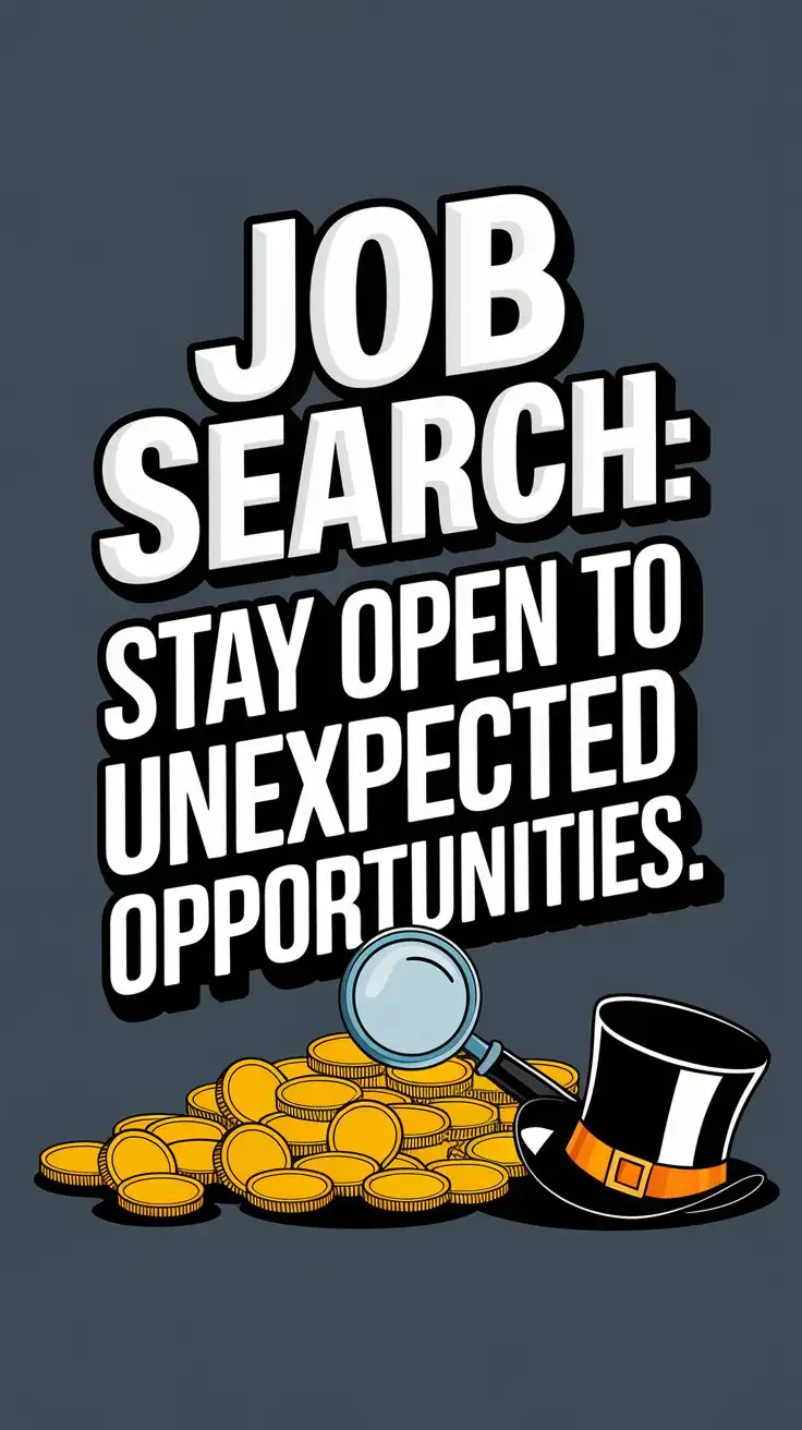 Job Search: Stay open to unexpected opportunities. in typography with a background of money.