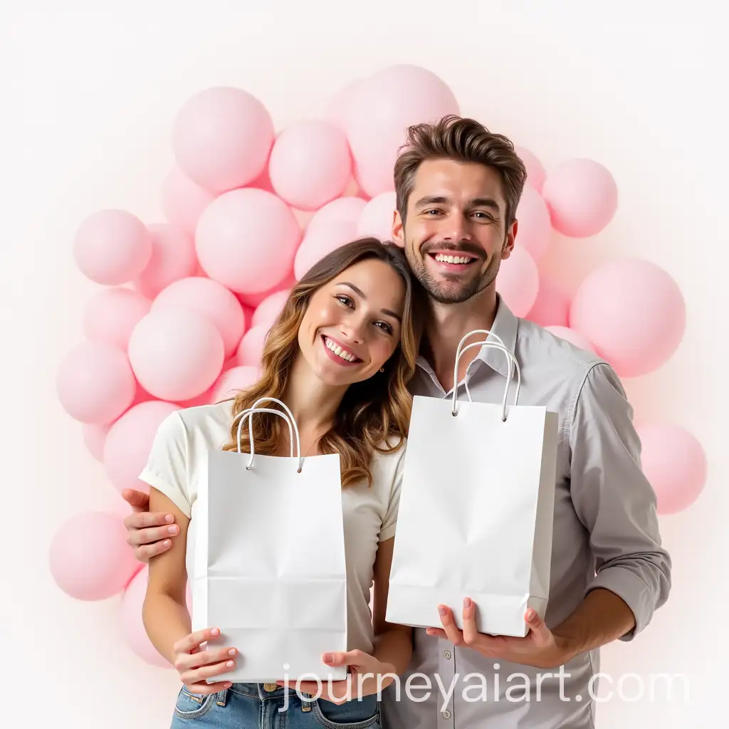 Happy-Woman-and-Man-Holding-Paper-Gift-Bags-with-Pink-Balloons-Background