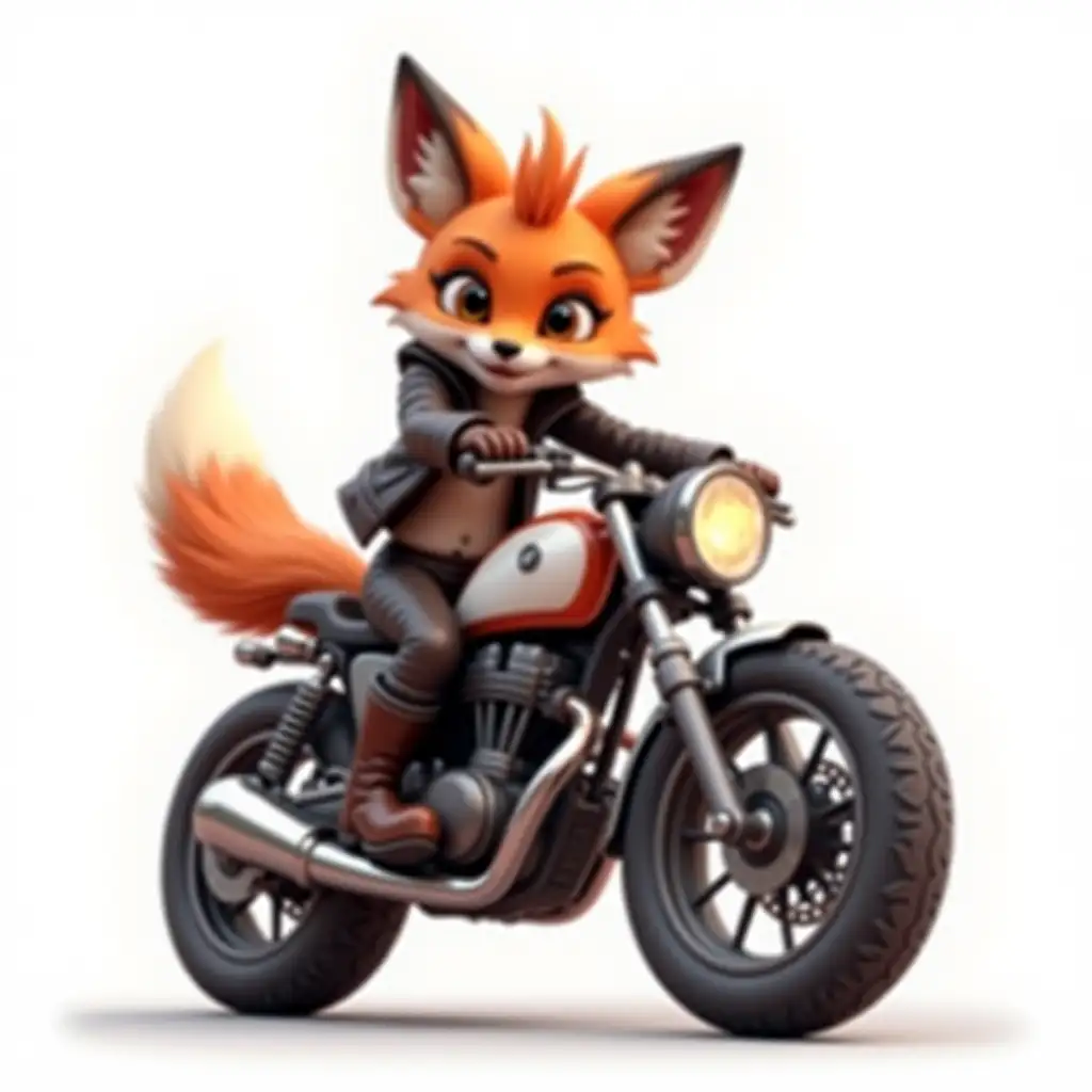 Slender sexy cartoon fox, with a narrow waist, expressive eyes, sits on a cool expensive motorcycle, the fox has a leather jacket, leather pants, high boots, the fox is playfully smiling and looking at the camera, white background, 3d realistic, watercolor style, bright colors, smooth transitions