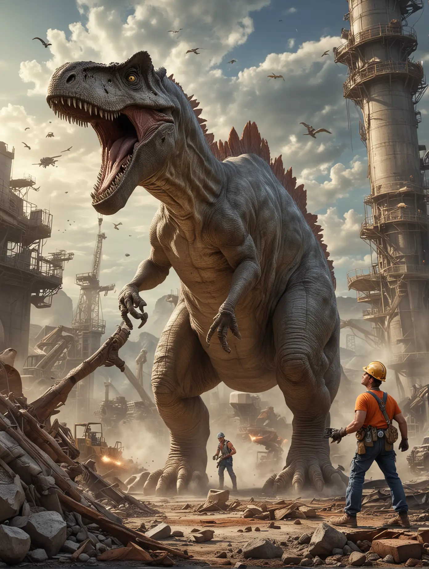 the great Battle of the concrete plant worker against dinosaurs