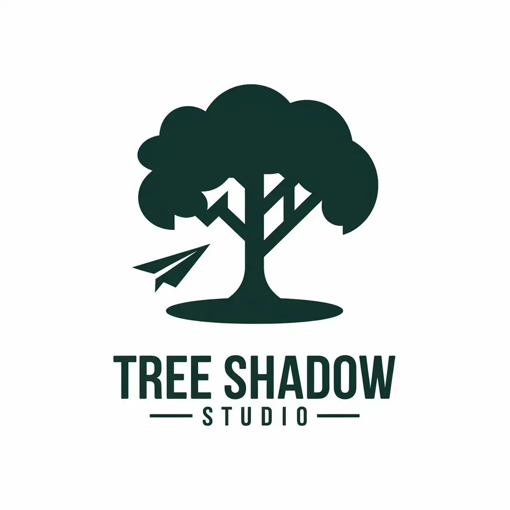 LOGO Design for Tree Shadow Studio Vector Design with Big Tree Paper Airplane Symbol for Internet Industry