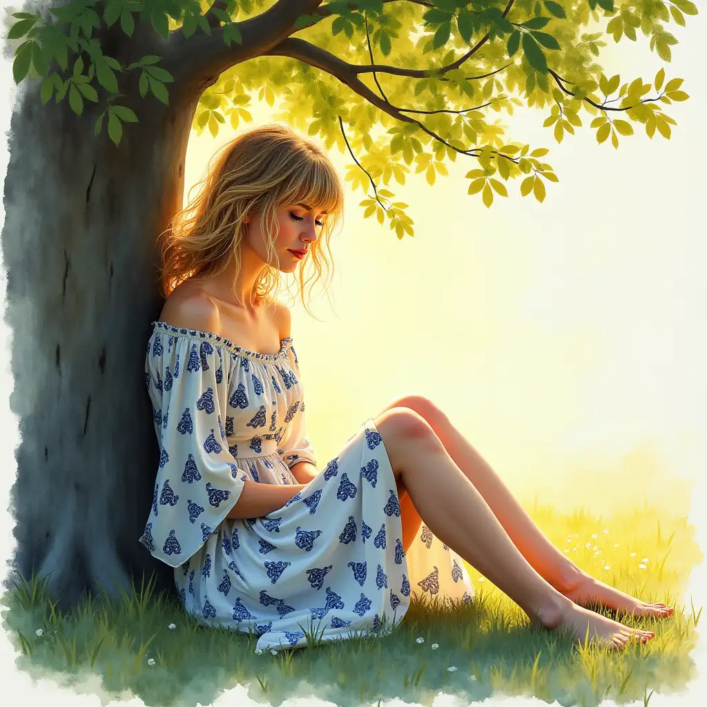 watercolor, acrylic, random pose of a Russian woman sitting under a tree, blond tousled hair, bangs, a dress with a print of blue small tsaet, flying sleeves, a painting by Vladimir Volegov, radiating the energy of revival, in the sun's rays, inspired by Mstislav Dobuzhinsky, a perky woman, radiating inside connection