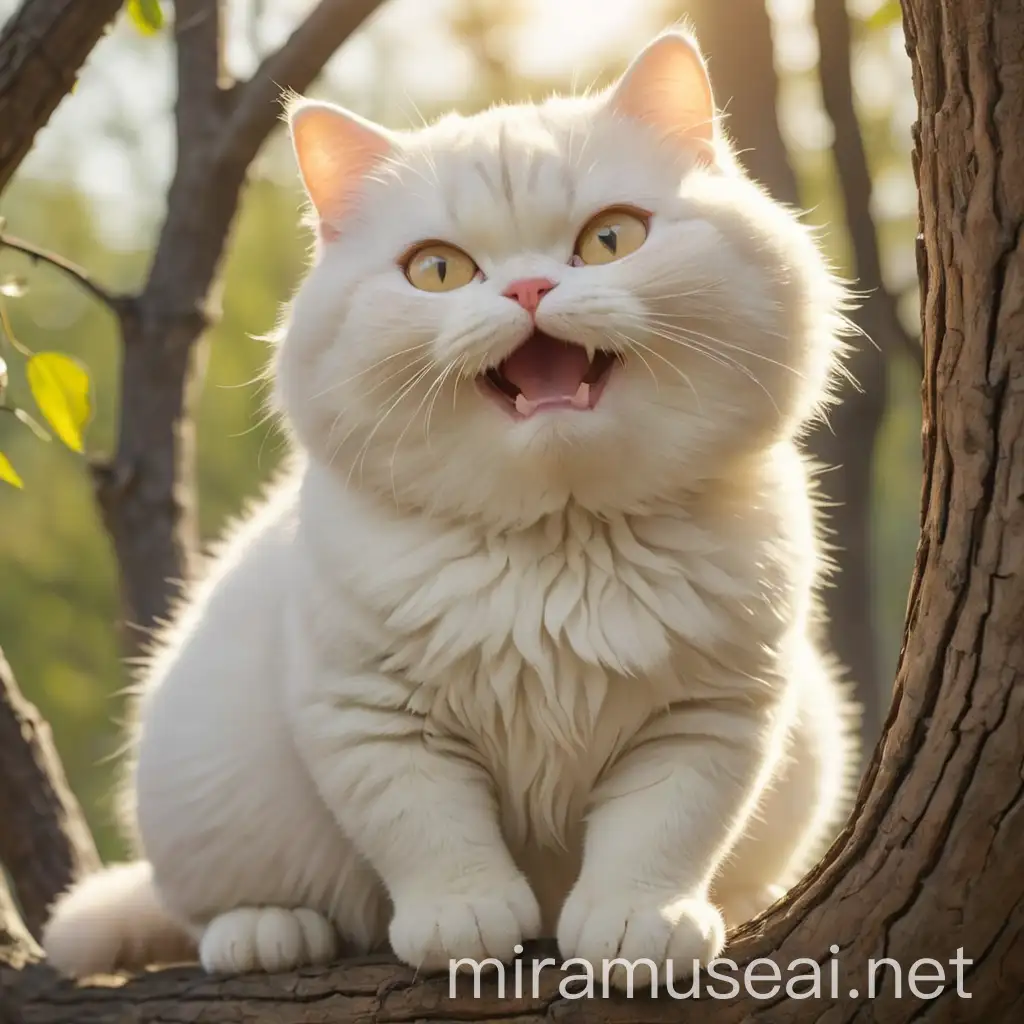 Chubby White Cat Playing Happily on Tree in Sunlight