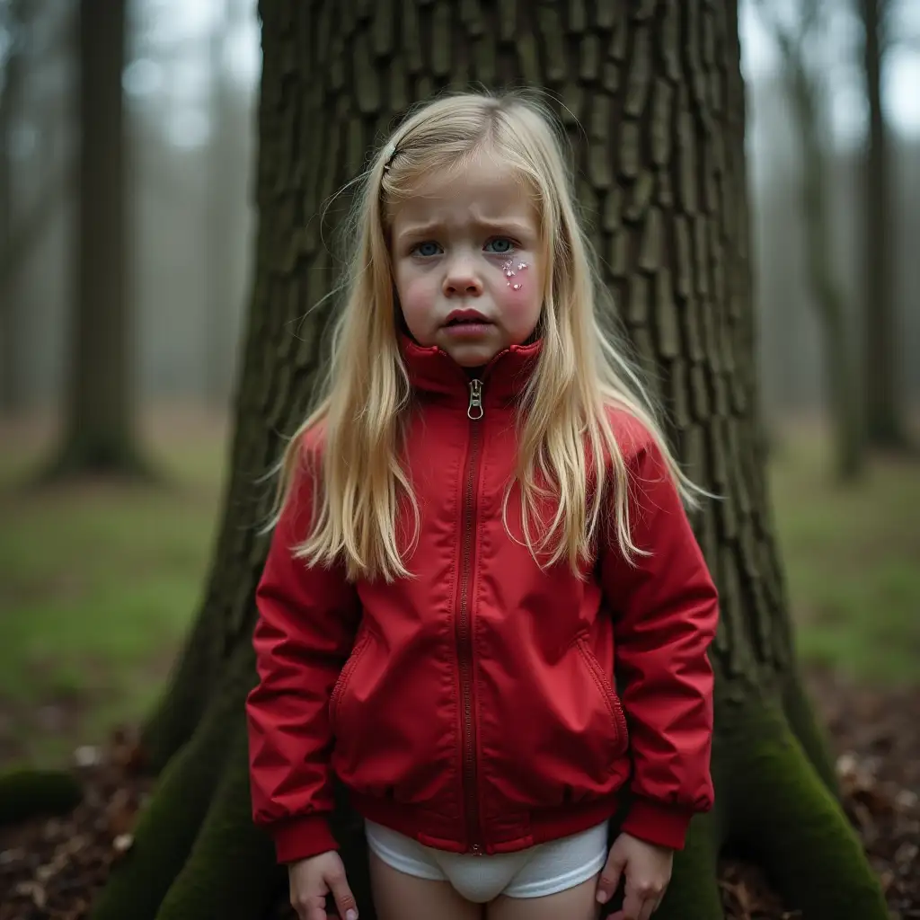 5-year-old German girl stands in front of a tree in the forest. She has long blonde hair. She has blue eyes. She is wearing a red jacket and white underpants. She is crying and tears are running down her cheeks
