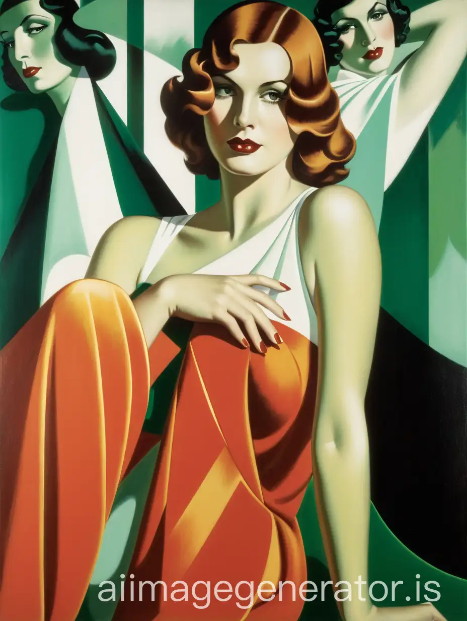 Four people on the green theatrical modernist background green and turquoise and white art deco style, Tamara Lempicka's style