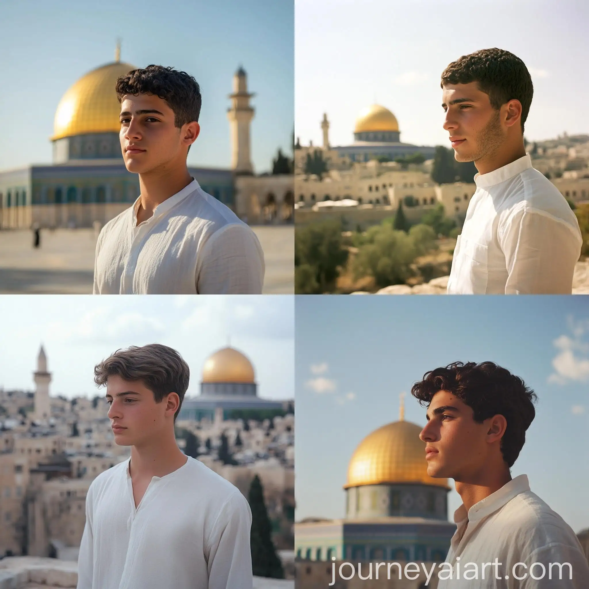 Young-Man-with-White-Shirt-Standing-by-Dome-of-the-Rock-Mosque-in-Palestine